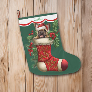 Cute Fransk Bulldog Puppy Peeking Stor Julstrumpa