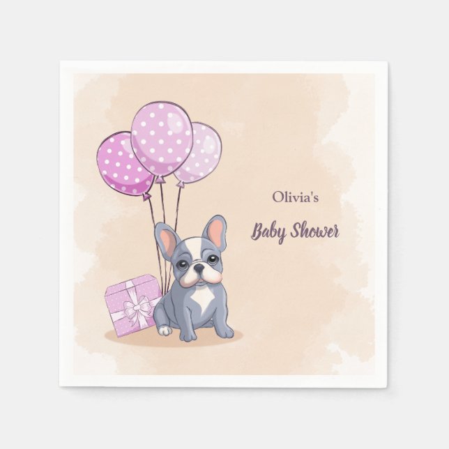 Cute Fransk Bulldog Puppy Rosa Balloon Baby Shower Pappersservett (Framsidan)