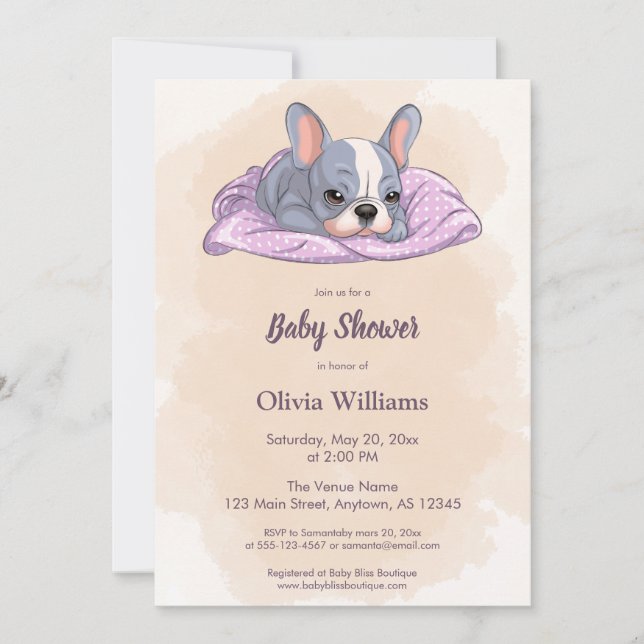 Cute Fransk Bulldog Puppy Rosa Blanket Baby Shower Inbjudningar (Framsida)