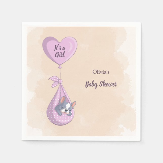 Cute Fransk Bulldog Puppy Rosa Heart Baby Shower Pappersservett (Framsidan)