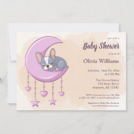 Cute Fransk Bulldog Puppy Rosa Måne Baby Shower Inbjudningar