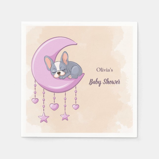 Cute Fransk Bulldog Puppy Rosa Måne Baby Shower Pappersservett (Framsidan)