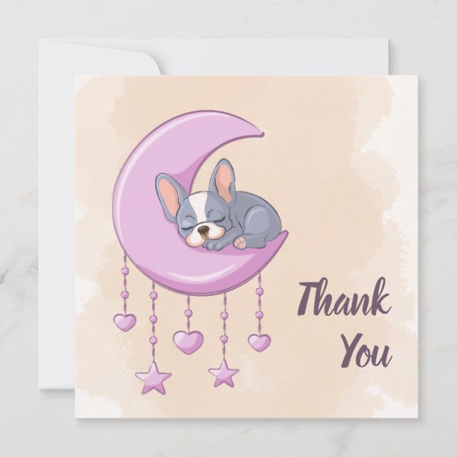Cute Fransk Bulldog Puppy Rosa Måne Baby Shower Tack Kort (Framsida)