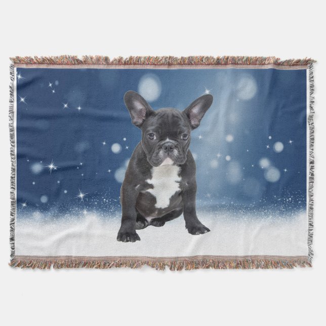 Cute Fransk Bulldog Puppy Snö Stars Blue Blanket Mysfilt (Framsidan)