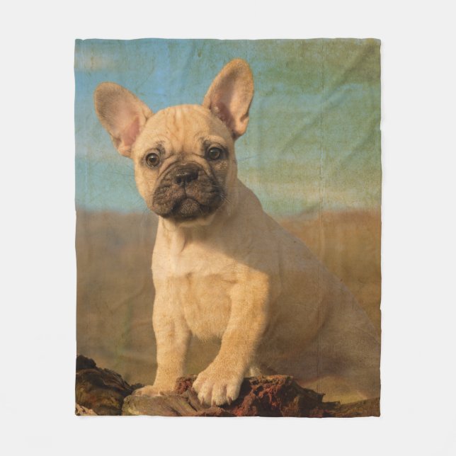 Cute Fransk Bulldog Puppy, vintagens bekvämlighet Fleecefilt (Framsidan)