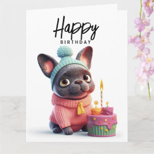 Cute Fransk bulldog, rosa klänning, födelsedagskal Kort