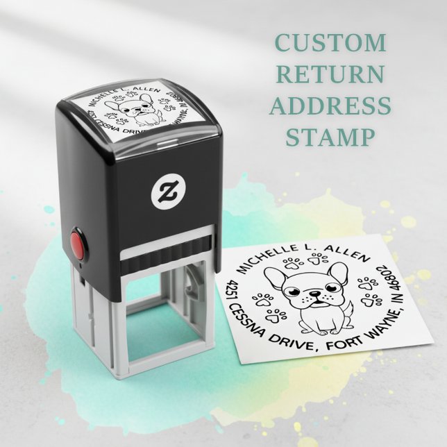 Cute Fransk Bulldog Round Returadress Frimärke Självfärgande Stämpel (Fun round return address stamp for French Bulldog lovers! 🐾)