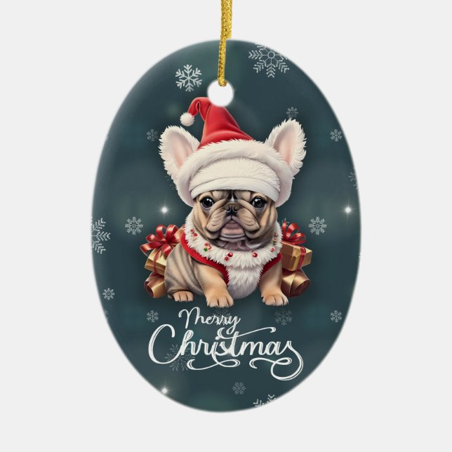 Cute Fransk Bulldog Santa Hat God jul Julgransprydnad Keramik (Framsidan)