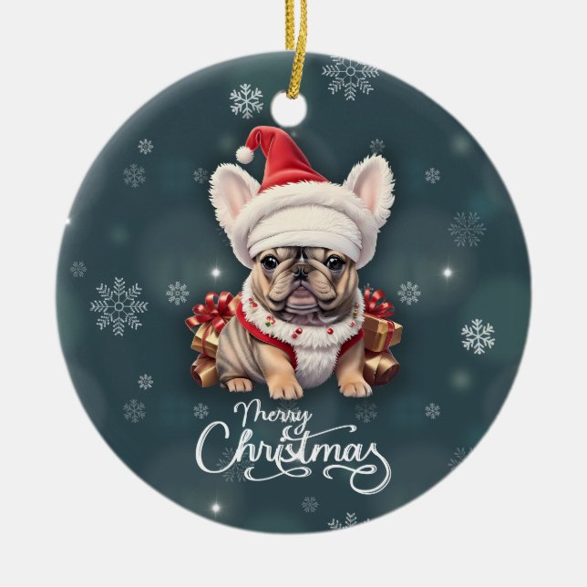 Cute Fransk Bulldog Santa Hat God jul Julgransprydnad Keramik (Framsidan)
