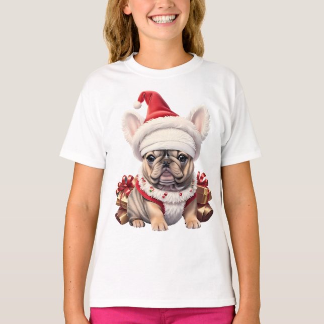 Cute Fransk Bulldog Santa Hat God jul T Shirt (Framsida)