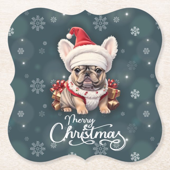 Cute Fransk Bulldog Santa Hat God jul Underlägg Papper (Framsida)