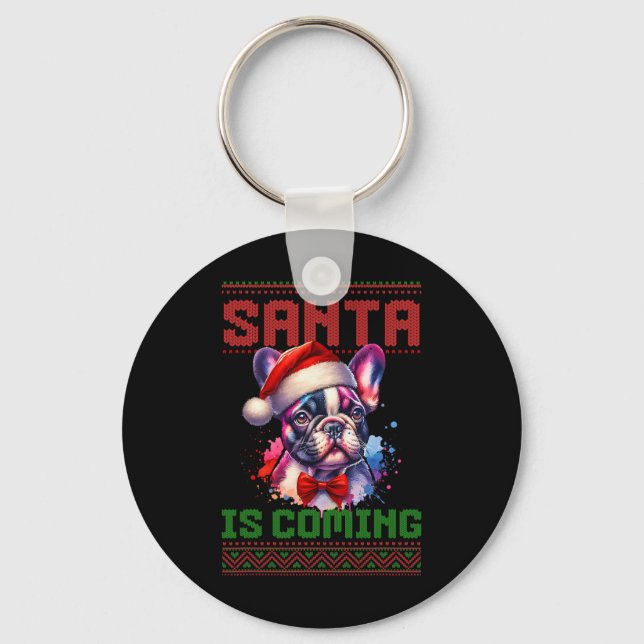 Cute Fransk Bulldog Santa Hat Ugly jul Holid Nyckelring (Framsida)