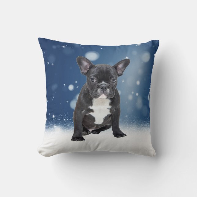 Cute Fransk Bulldog Snö Stars Blå jul Kudde (Framsida)