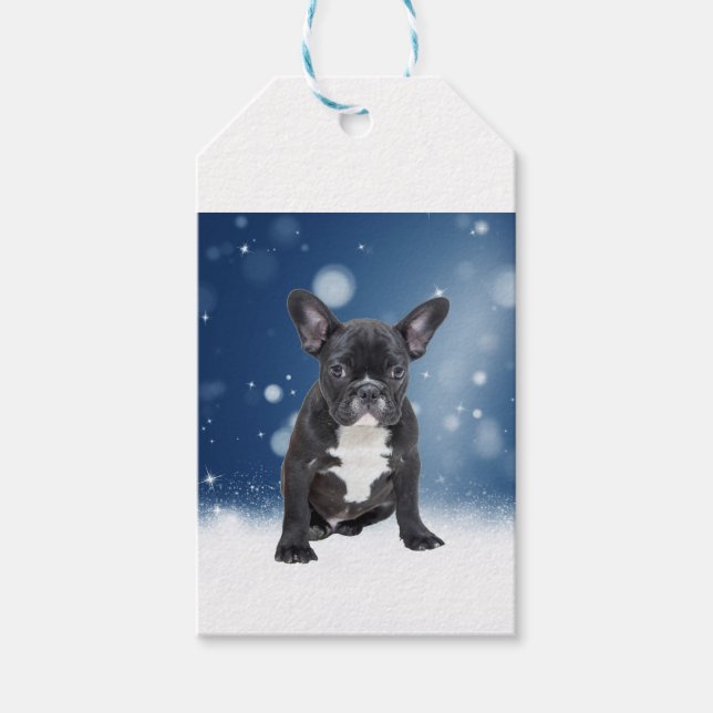 Cute Fransk Bulldog Snö Stars Blå jul Presentetikett (Framsidan)