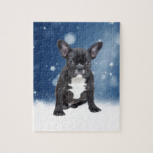 Cute Fransk Bulldog Snö Stars Blå jul Pussel (Vertikal)