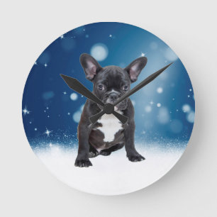 Cute Fransk Bulldog Snö Stars Blå jul Rund Klocka