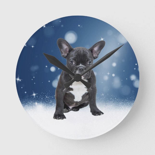 Cute Fransk Bulldog Snö Stars Blå jul Rund Klocka (Framsida)
