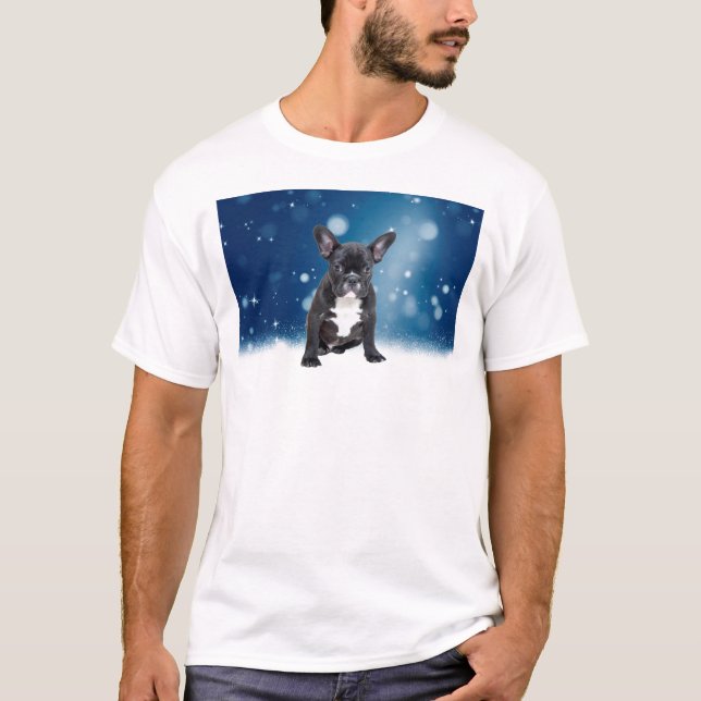 Cute Fransk Bulldog Snö Stars Blå jul T-shirt (Framsida)