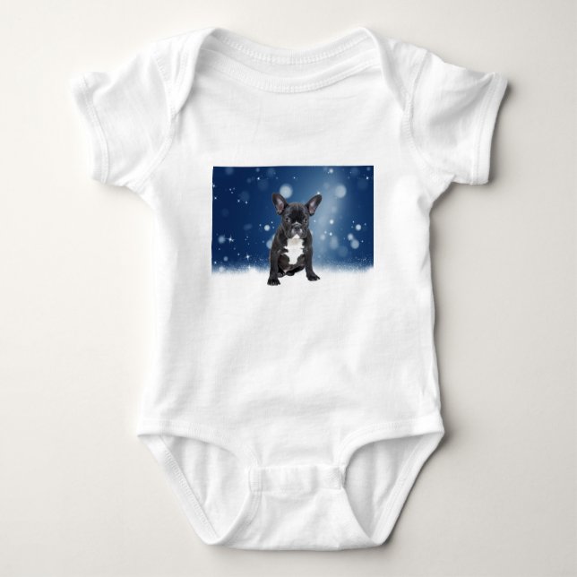 Cute Fransk Bulldog Snö Stars Blå jul Tee Shirt (Framsida)