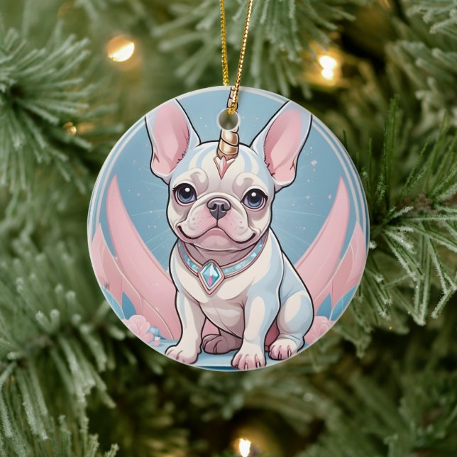 Cute Fransk Bulldog Unicorn Pastel rosa Julgransprydnad Keramik (Träd)