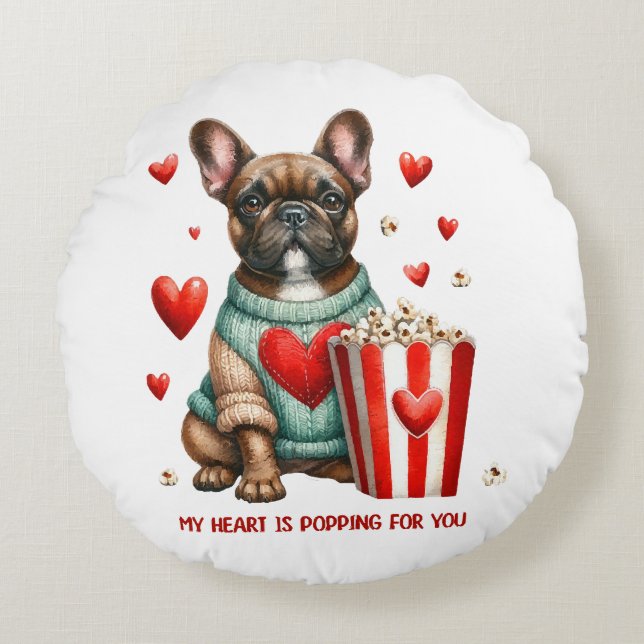 Cute Fransk Bulldog Valentines day hjärta Rund Kudde (Framsidan)