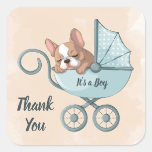 Cute Fransk Bulldog Valp Blue Barnvagn Baby Shower Fyrkantigt Klistermärke