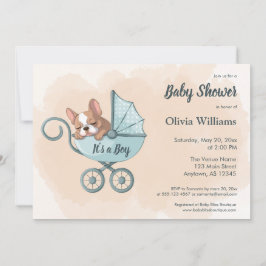 Cute Fransk Bulldog Valp Blue Barnvagn Baby Shower Inbjudningar