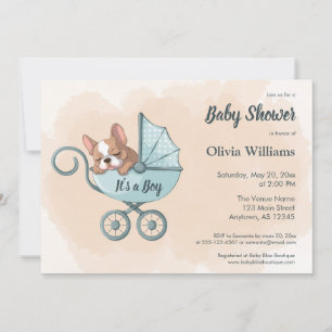 Cute Fransk Bulldog Valp Blue Barnvagn Baby Shower Inbjudningar