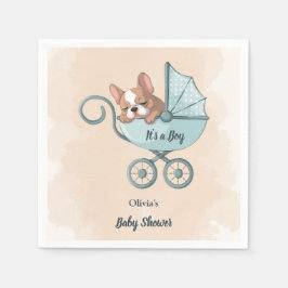 Cute Fransk Bulldog Valp Blue Barnvagn Baby Shower Pappersservett