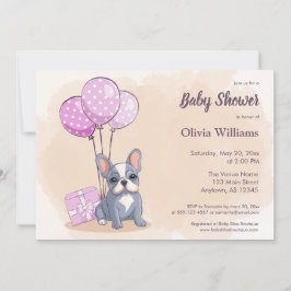 Cute Fransk Bulldog Valp Rosa ballons Baby Shower Inbjudningar