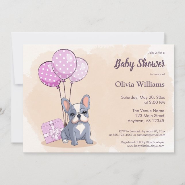 Cute Fransk Bulldog Valp Rosa ballons Baby Shower Inbjudningar (Framsida)