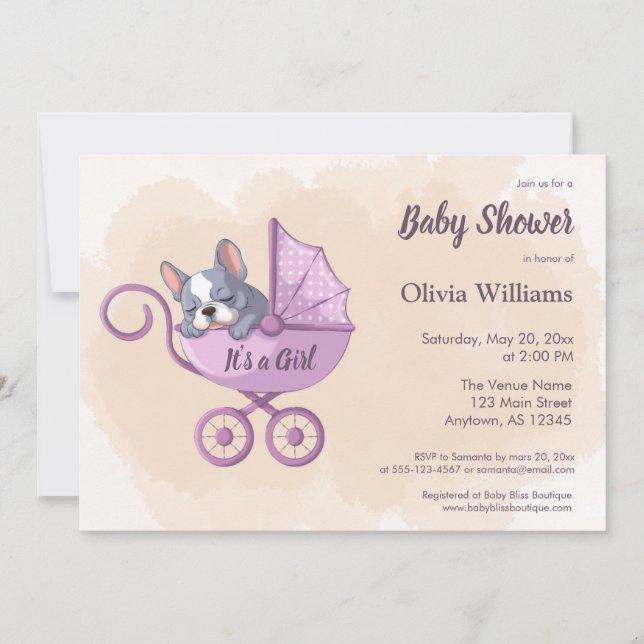 Cute Fransk Bulldog Valp Rosa Barnvagn Baby Shower Inbjudningar (Framsida)