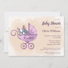 Cute Fransk Bulldog Valp Rosa Barnvagn Baby Shower Inbjudningar
