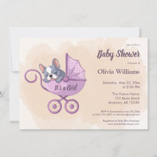 Cute Fransk Bulldog Valp Rosa Barnvagn Baby Shower Inbjudningar