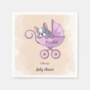 Cute Fransk Bulldog Valp Rosa Barnvagn Baby Shower Pappersservett