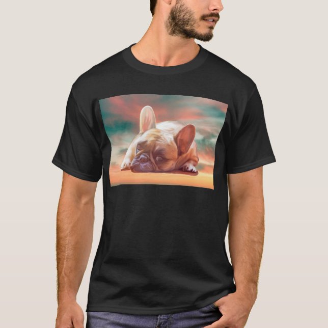 Cute Fransk Bulldog Vatten Färg Art Paeing Paintin Tee Shirt (Framsida)