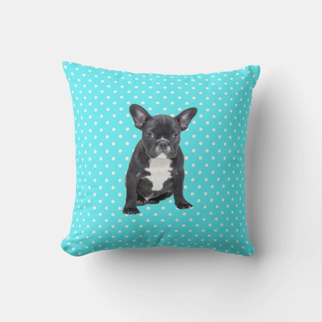 Cute Fransk Bulldog w Blue Polka dots Pillow Kudde (Framsida)