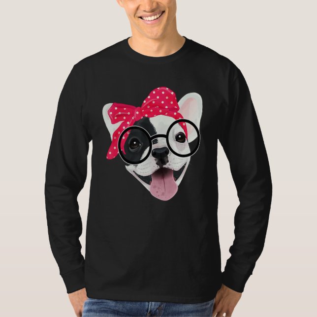 Cute Fransk Bulldog Wear Headband Glasses Frenc T Shirt (Framsida)