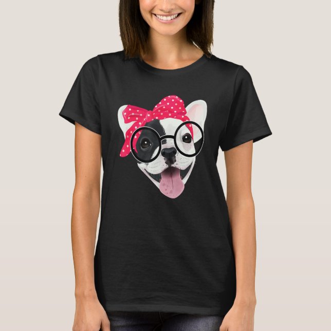 Cute Fransk Bulldog Wear Headband Glasses Frenc T Shirt (Framsida)