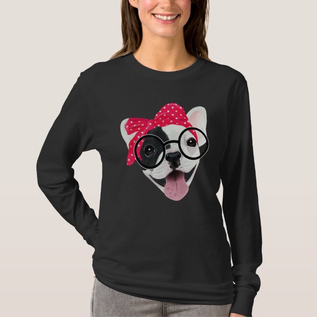 Cute Fransk Bulldog Wear Headband Glasses Frenc T Shirt (Framsida)