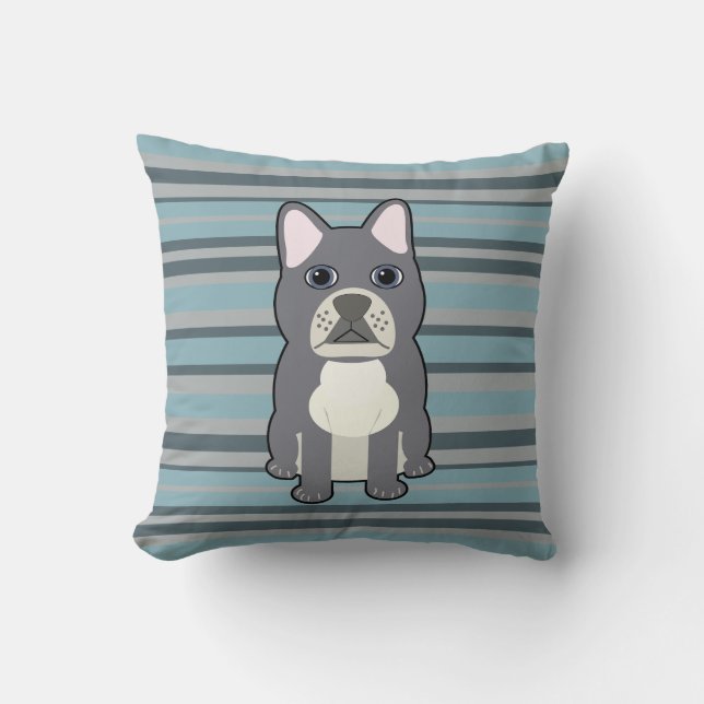 Cute French Bulldog Blue Striped Kudde (Framsida)