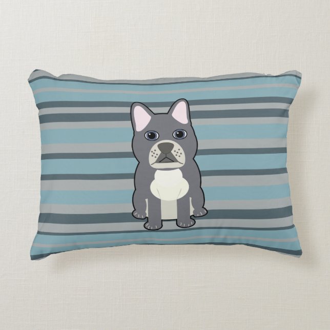 Cute French Bulldog Blue Striped Prydnadskudde (Framsidan)