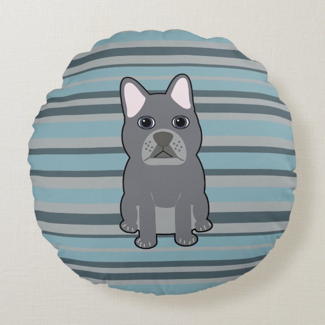 Cute French Bulldog Blue Striped Rund Kudde (Framsidan)