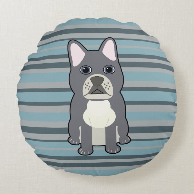 Cute French Bulldog Blue Striped Rund Kudde (Framsidan)
