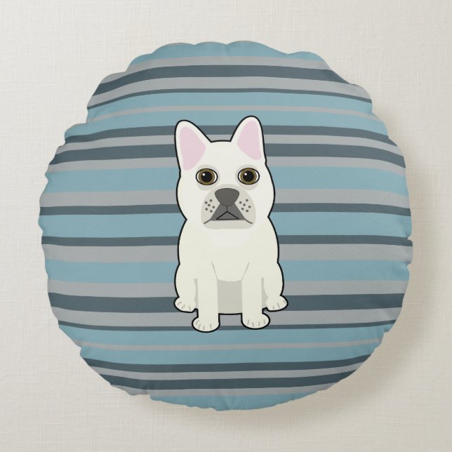Cute French Bulldog Blue Striped Rund Kudde (Framsidan)