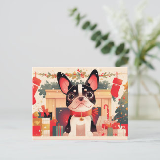 Cute French Bulldog by the Christmas Fireplace Helg Vykort