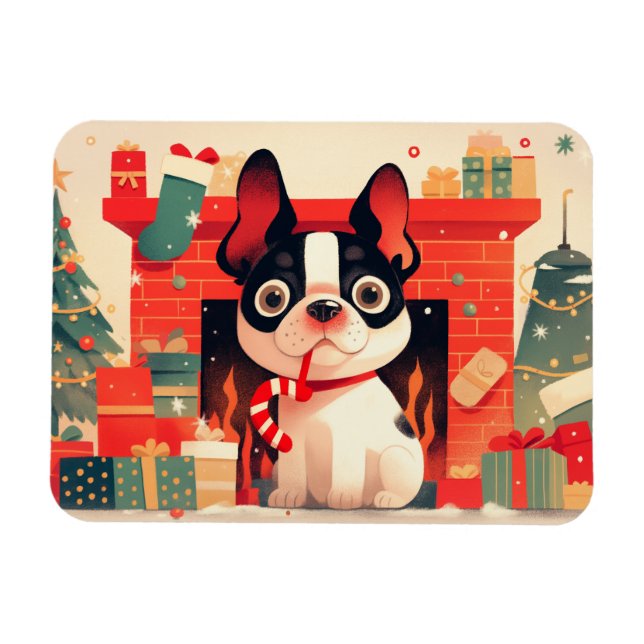 Cute French Bulldog by the Christmas Fireplace Magnet (Horisontell)