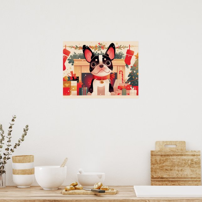 Cute French Bulldog by the Christmas Fireplace Poster (Kök)