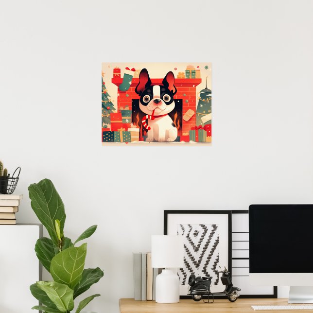 Cute French Bulldog by the Christmas Fireplace Poster (Hemmakontoret)