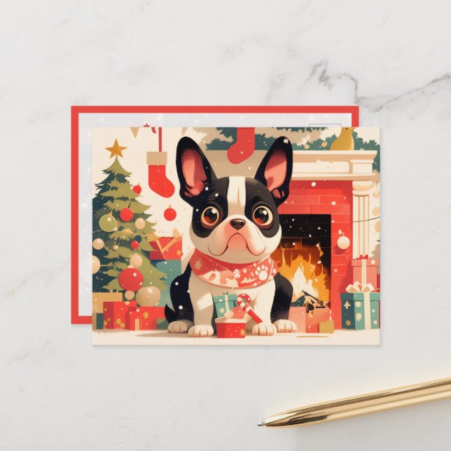 Cute French Bulldog by the Christmas Fireplace Vykort (Fram/Back In Situ)